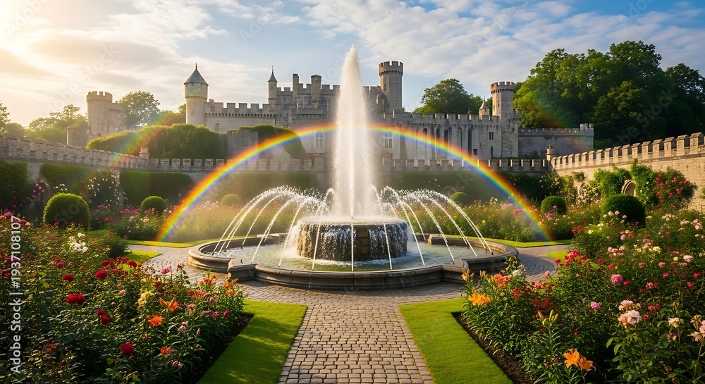 Fototapeta premium Rainbow over castle garden fountain