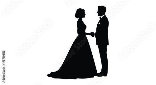 Silhouette of a bride and groom standing closely together holding hands facing each other high quality