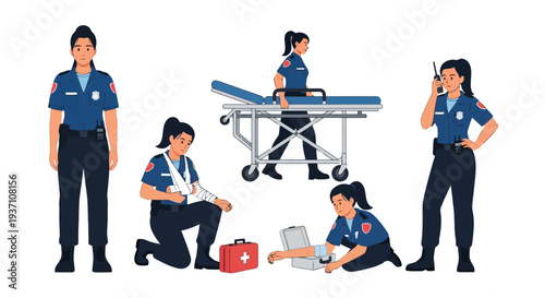 Emergency responders in action with medical equipment and stretcher