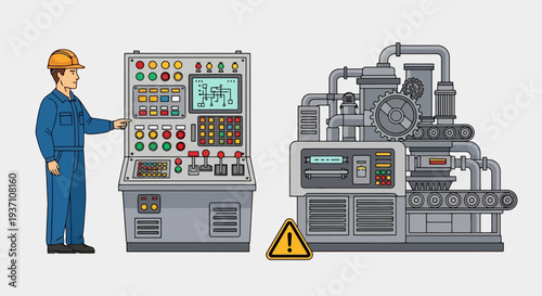 Industrial worker operating complex machinery in modern factory setting