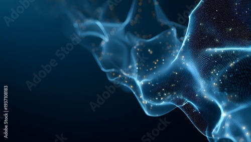 Deep blue ethereal particle flow background featuring soft glowing dots and wispy smoke like shapes drifting in dark space creating dreamy atmosphere for cinematic or scientific storytelling