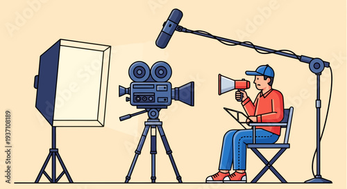 Filmmaker directing movie scene with megaphone in hand