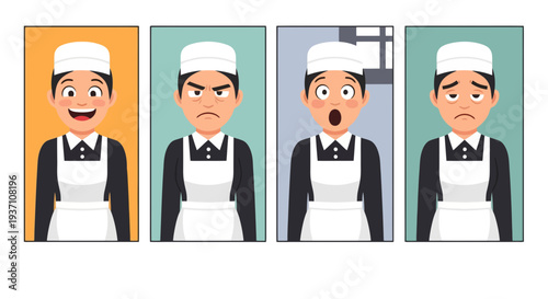 Cartoon chef expressions in various emotions on colorful backgrounds