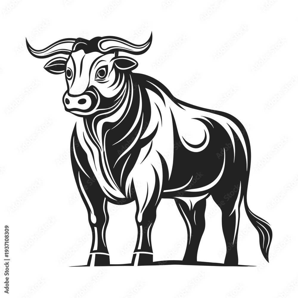 Fototapeta premium A bold, powerful bull stands with strong legs and imposing horns in black outline