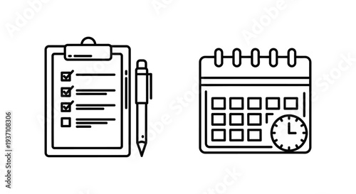 Black Line Art Icons for Training Plan and Schedule, Task Management and Educational Program Organization Concept for Business and Personal Development