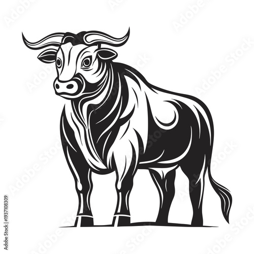 A bold, powerful bull stands with strong legs and imposing horns in black outline