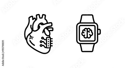 Black Line Art Icons for Edge Health Monitoring and Wearable Artificial Intelligence, Modern Medical Technology and Smart Device Concepts