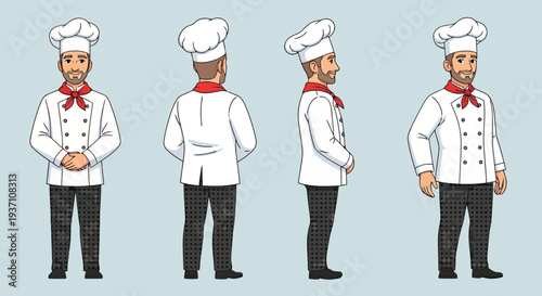 Male chef in white uniform and hat standing in different poses