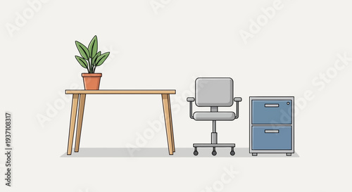 Modern office setup with wooden desk and blue filing cabinet