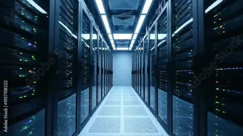 Data Center Server Room Corridor with Rows of Servers.