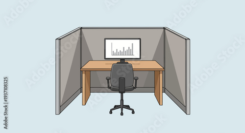 Modern office workstation with computer and ergonomic chair in private cubicle