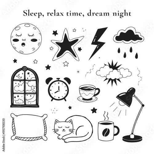 Sleep, relax time, dream night doodle set. Concept comfort night sleep time. Hand drawn sketch style. Moon, cat, star, lamp element. Vector illustration on white background. vector