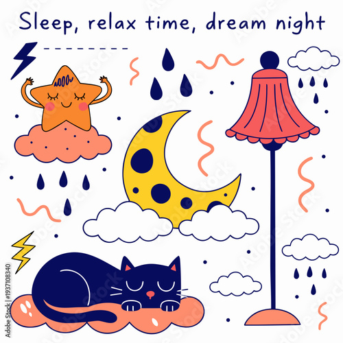Sleep, relax time, dream night doodle set. Concept comfort night sleep time. Hand drawn sketch style. Moon, cat, star, lamp element. Vector illustration on white background. vector