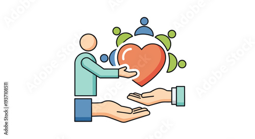 Person passing heart to another hand with people icons around