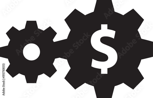 Interlocking gears mechanism with dollar sign symbol, representing financial economy, business finance process, money generation and systematic wealth management vector illustration.