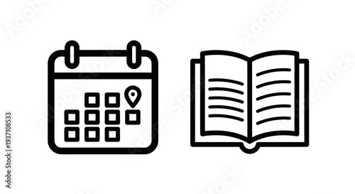 Calendar and Open Book Line Icon Set for Event Planning, Schedule Management, and Educational Resources