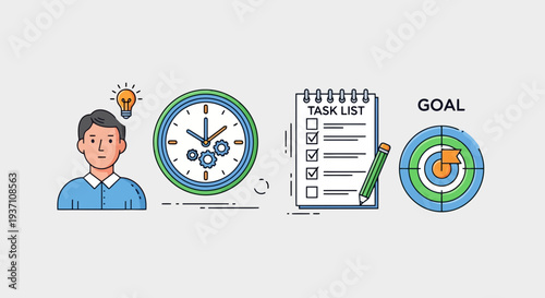 Businessman planning tasks with clock and goal setting for productivity