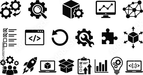 Flat Solid Business Optimization and Software Development Icon Set featuring Automation Gears, Programming Code, Data Analytics, Project Management, and Innovation Symbols