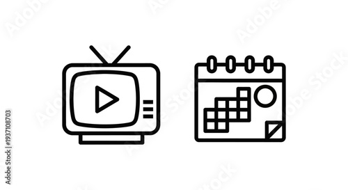 Video Player and Calendar Icons for Media Content and Event Scheduling, Black Outline Vector Set