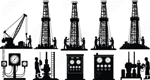 Oil and gas industry silhouettes featuring drilling rigs, crane machinery, pressure gauges, and engineers working on energy production site.