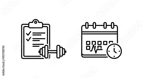 Workout Plan and Training Schedule Icons: Fitness Activity Checklist, Dumbbell Exercise Program, and Calendar with Heart Rate Monitoring