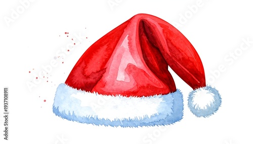 A vibrant watercolor illustration of a red Santa hat with a fluffy white pompom and band on a white background