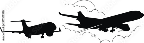 Commercial airplane silhouettes, passenger jet landing and takeoff, aviation transport concept, aircraft vector illustration isolated, airport travel symbol, black plane silhouettes with clouds