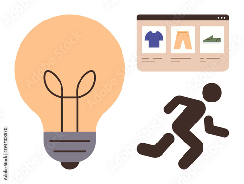 Business innovation, online shopping, creative thinking, progress, e-commerce, entrepreneurship. A light bulb, e-commerce interface and running figure. Innovation and creative thinking concept