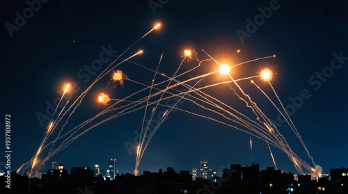Nighttime missile defense system intercepting rockets over city skyline, aerial warfare with light trails and explosions in dark sky, urban security and military technology.