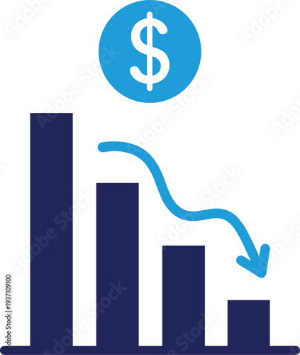 Financial loss and revenue decline icon showing decreasing bar chart with downward arrow and dollar symbol concept