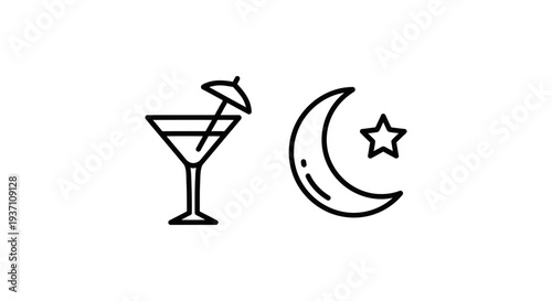 After party and night event icon set featuring a cocktail martini glass with umbrella and crescent moon with star symbols.