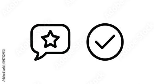 Feedback submission and submit button icon set with speech bubble star rating and checkmark approval symbols.