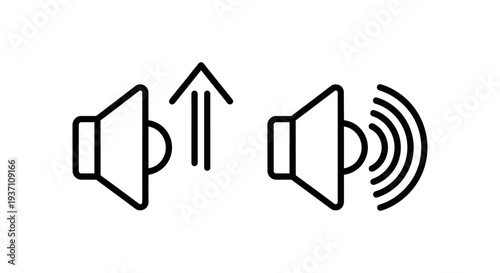 Bass boost and sound enhancement icon set with speaker volume increase arrow and audio frequency wave symbols.