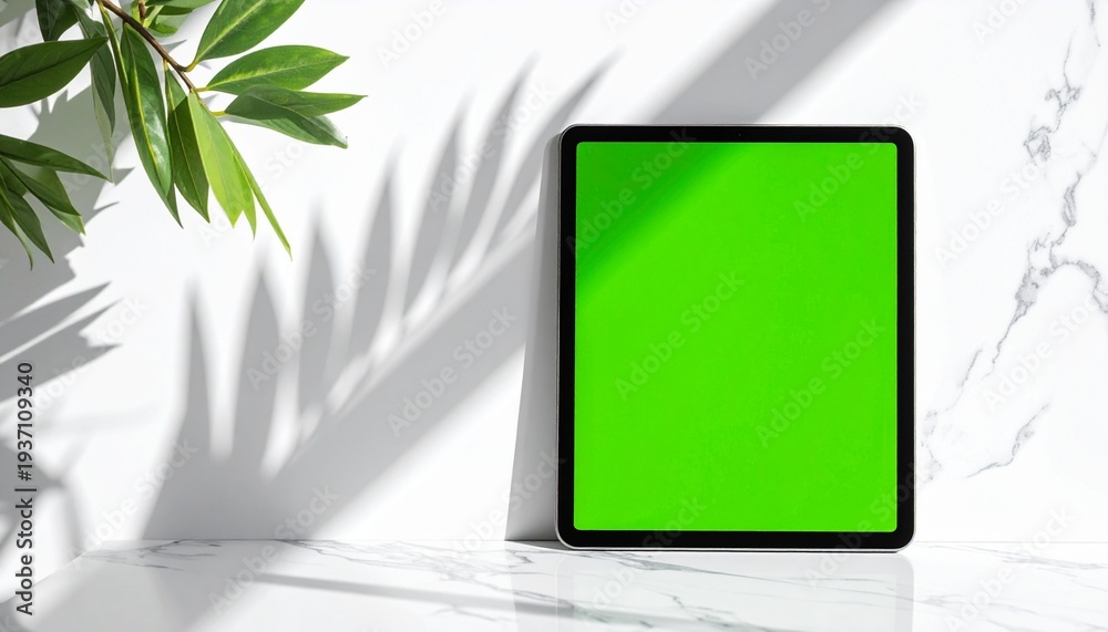 Fototapeta premium Tablet with Green Screen on Marble Surface with Plant Shadows.