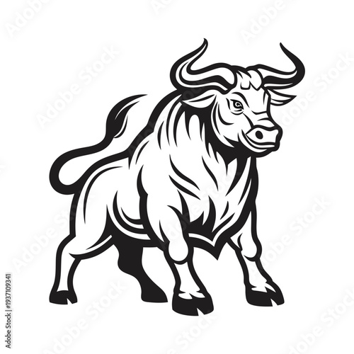 A powerful bull with large horns stands confidently in a sleek, modern silhouette
