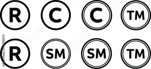 Set of trademark symbols including RCTM and SM within circles registered copyright