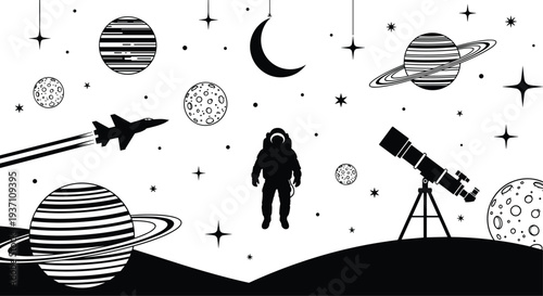 Outer space silhouette set featuring an astronaut, planets, moon, stars, telescope, and rocket ship for astronomy and science vector design.