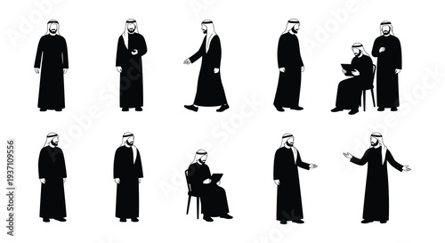 Silhouettes of arab men in traditional clothing various poses shown