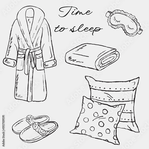 Black and white sketch of cozy bedtime set with bathrobe, slippers, blanket, pillows, and sleep mask. Hand drawn vector sketch illustration in vintage crayon charcoal style