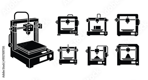 Black and white illustrations of a 3d printer in various perspectives