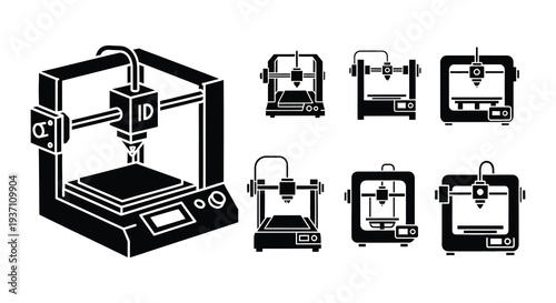 Black and white illustrations of a 3d printer in various perspectives