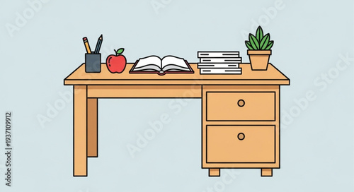 Simple Wooden Desk with Office Supplies and Plant.