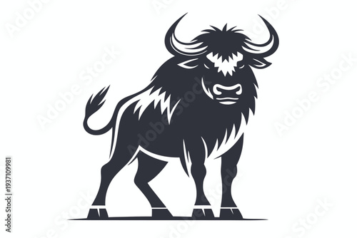 A bold black bull stands powerfully with its sharp horns on white backdrop