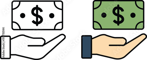 Hand holding dollar bill flat icon set. Paper money cash payment vector illustration.