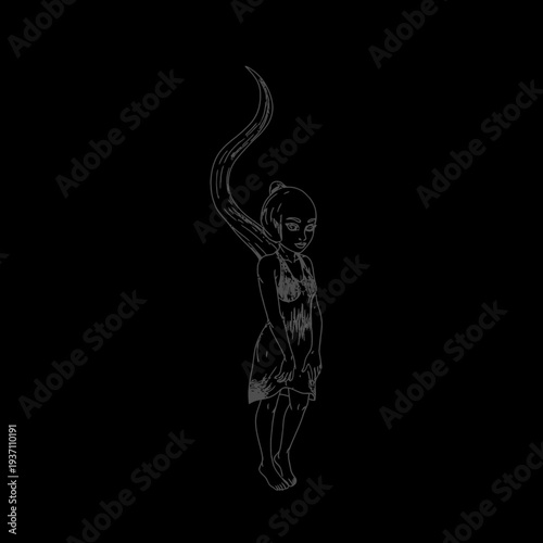 a woman in a dress standing with her arm raised.