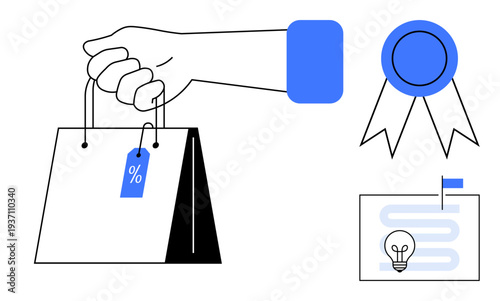 E-commerce . Shopping bag with discount tag, a medal for recognition, and a strategy icon planning. E-commerce signifies modern online shopping and marketing. For retail, branding, marketing, sales