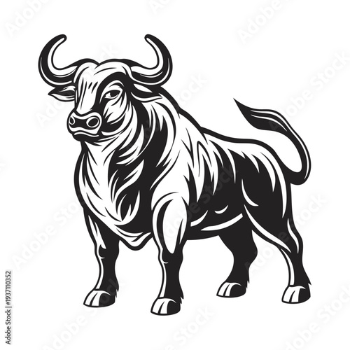 illustration shows a strong bull with curved horns standing powerfully in format