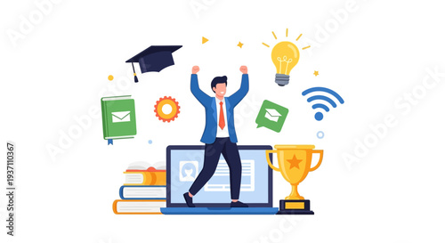 Online Education Success and E-Learning Achievement. Happy student celebrating victory, standing on a laptop surrounded by books, graduation cap, and trophy.