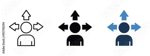 Decision making icon, person with multiple directional arrows, symbolizing choice, responsibility, control, leadership, management, strategic planning, and business decision-making concepts.