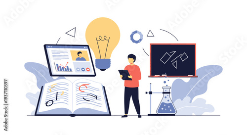 Online Education, Science and Knowledge Concept. Blended Learning Student Studying with E-Learning, Tablet, Books, and Innovation Ideas.